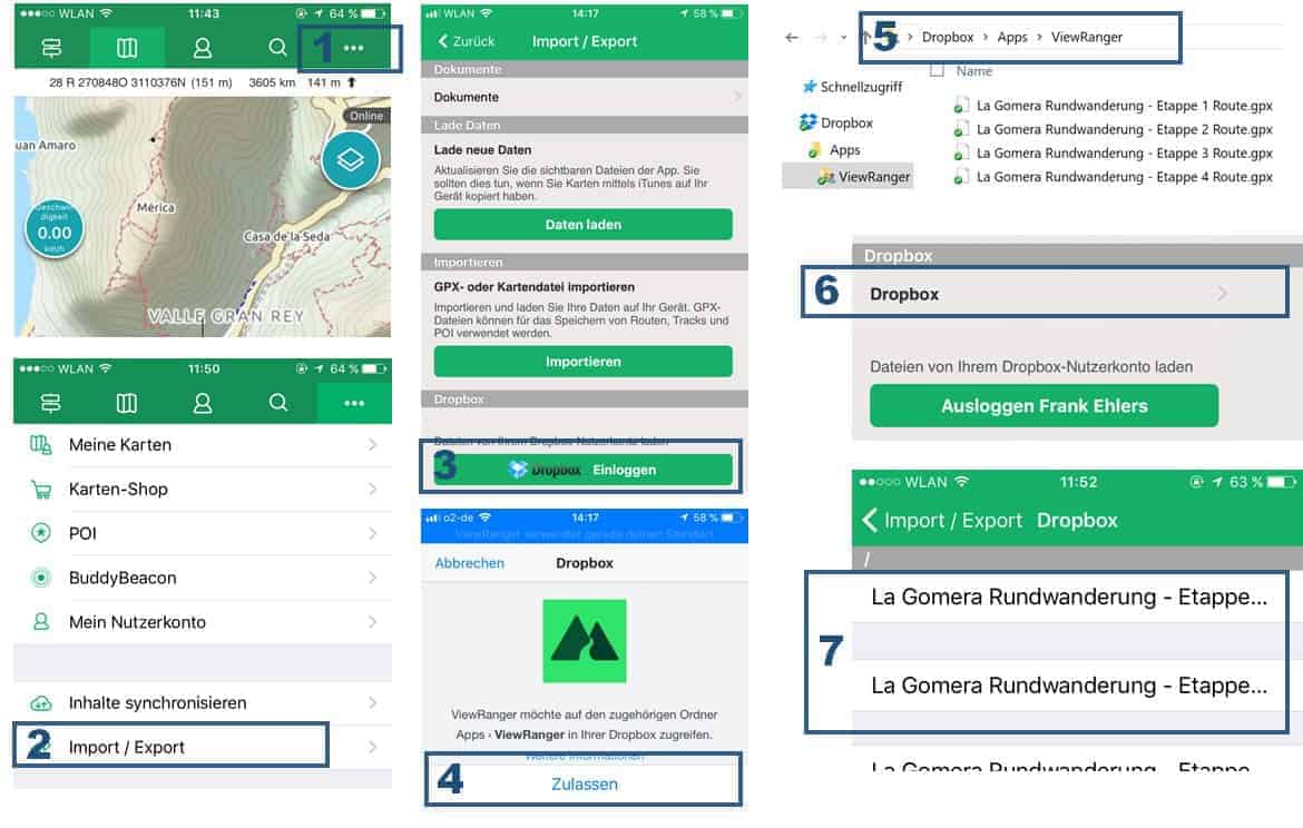 Viewranger App Anleitung GPX Dateien via Dropbox importieren in sieben Schritten