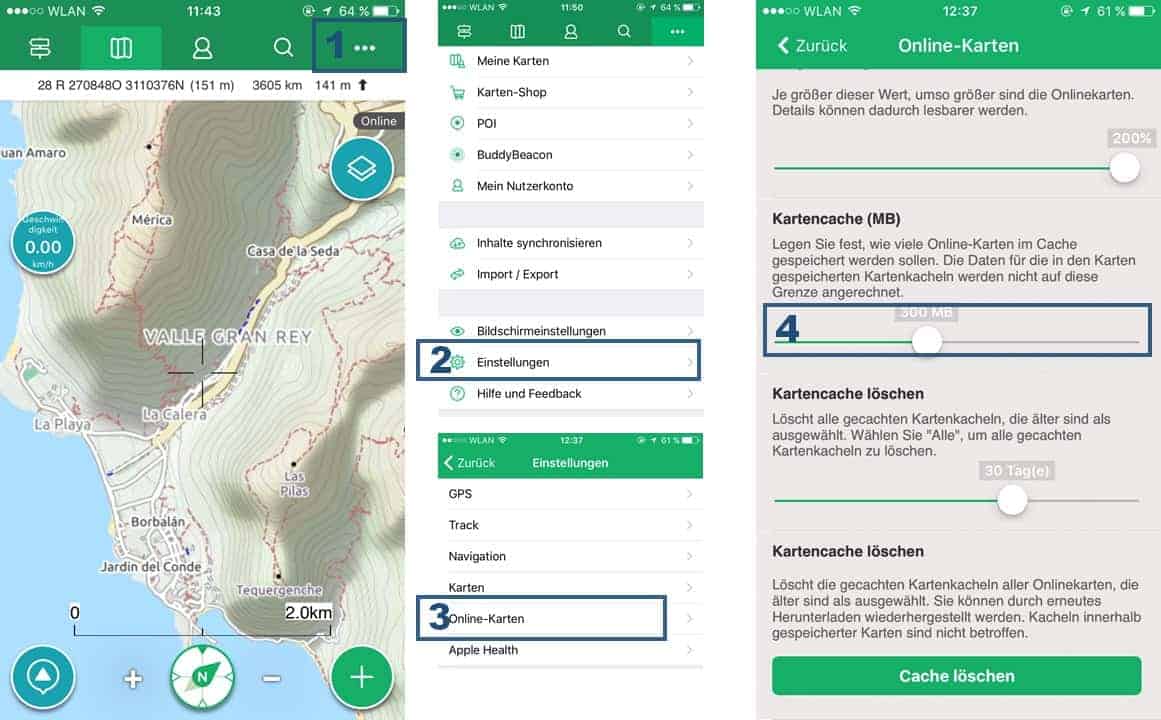 Viewranger App Anleitung zum Einstellen der Kartencache Grösse